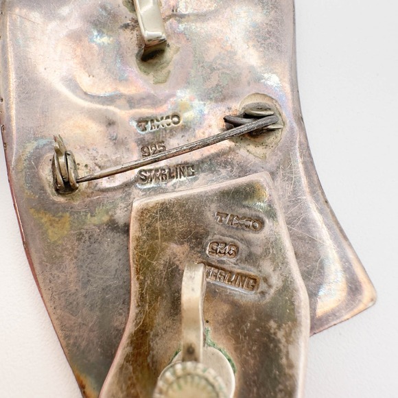 Taxco Sterling Silver Inlaid Crushed Turquoise Warrior Brooch/Pendant w Earrings - Picture 8 of 13